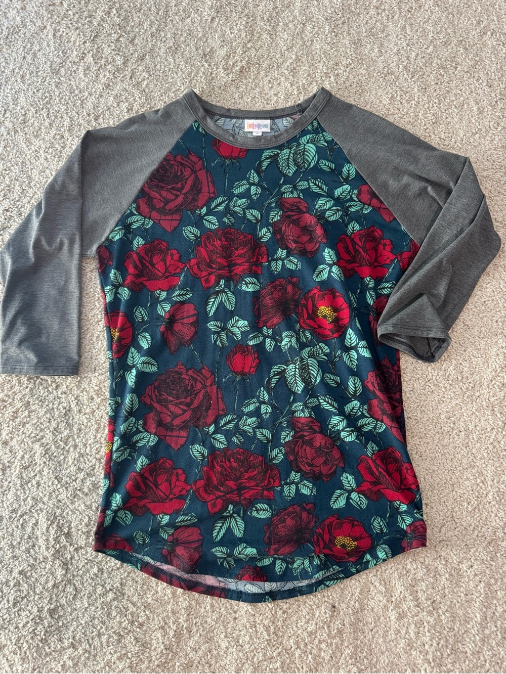 LuLaRoe Teal Floral Raglan Top with Red Roses and Gray Sleeves